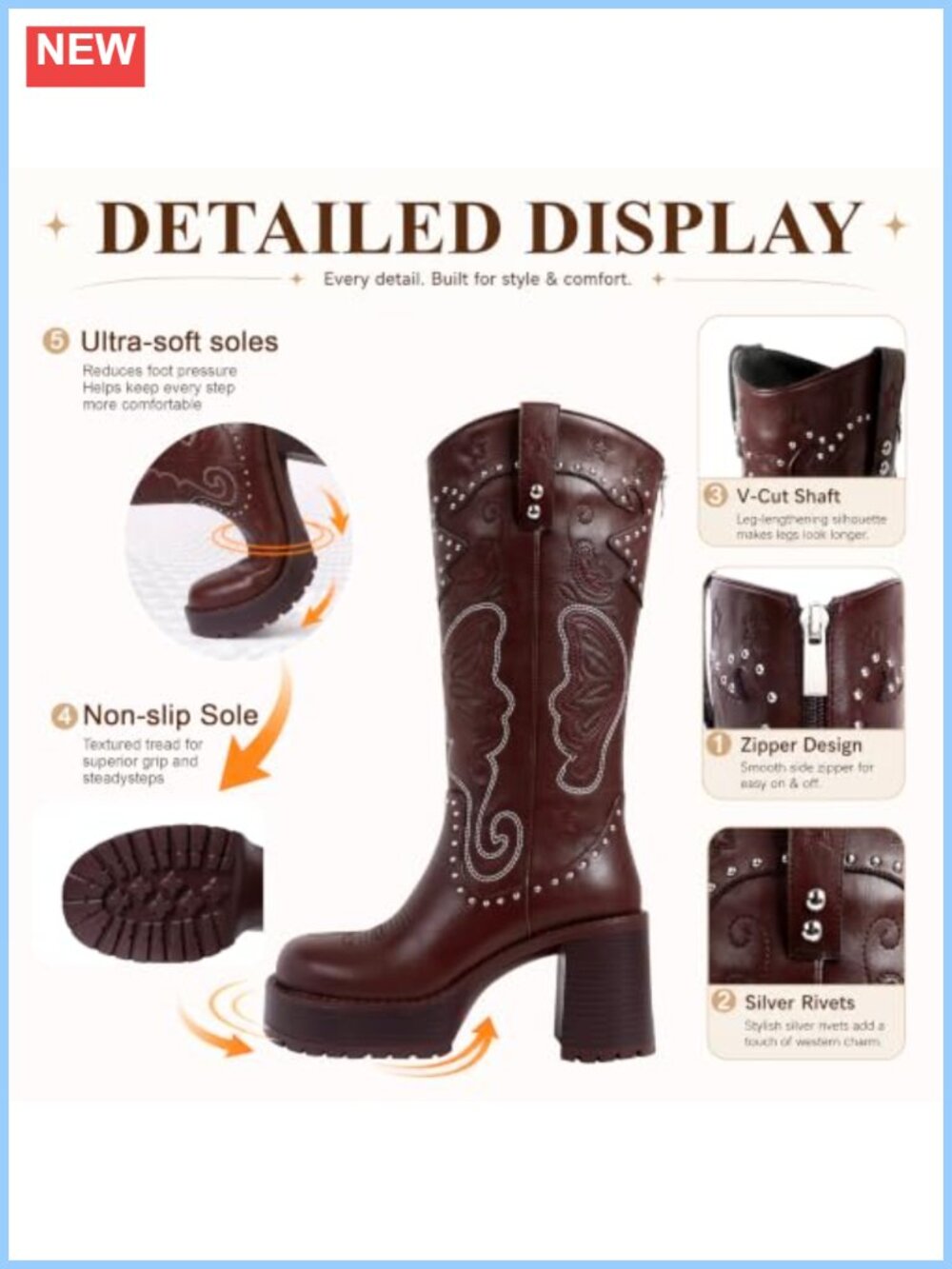 Leather Knee High Western Boots Platform Chunky Heel - Picture 4 of 6